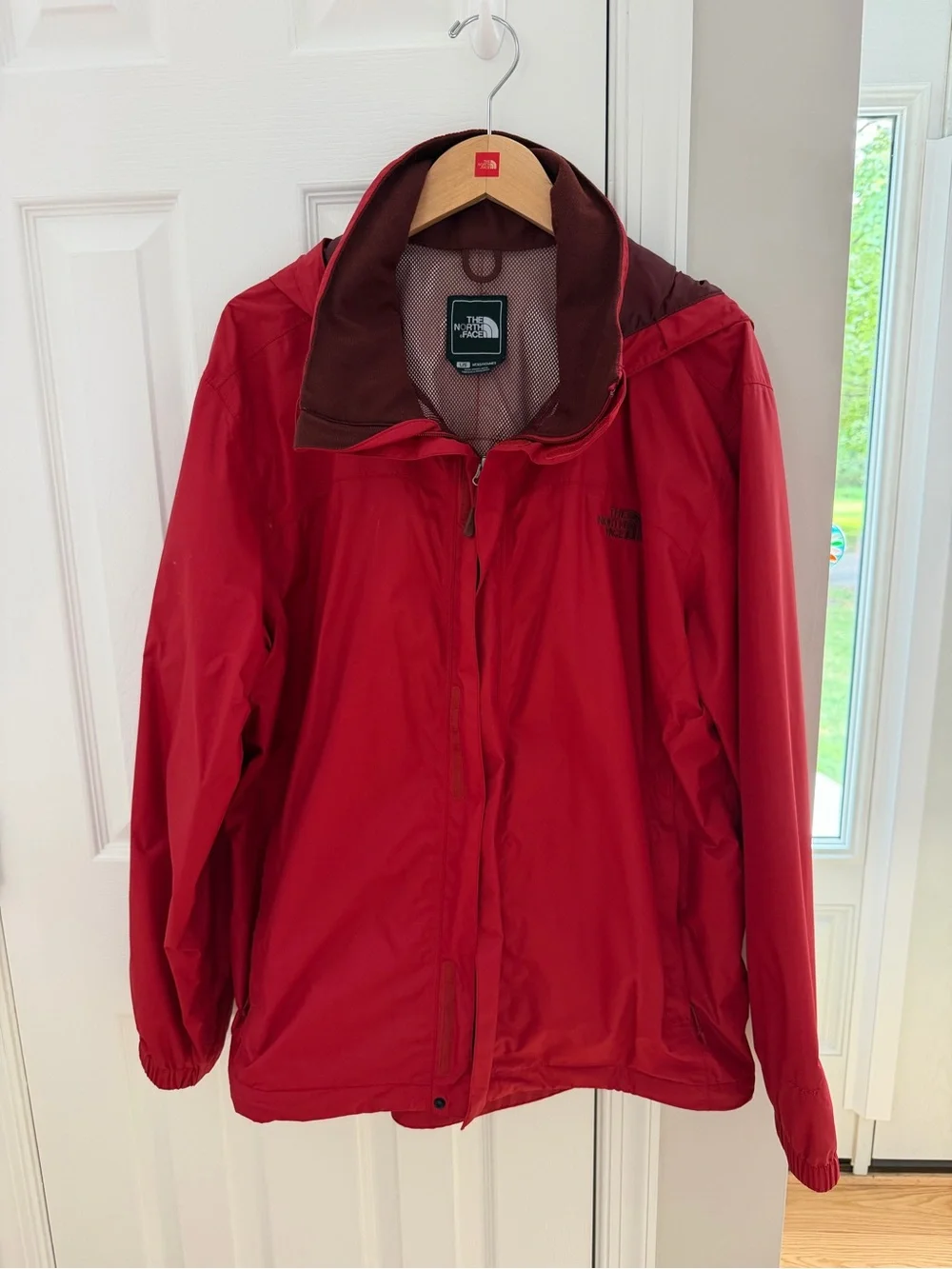 The North Face Red Raincoat with Brown Hood Lining